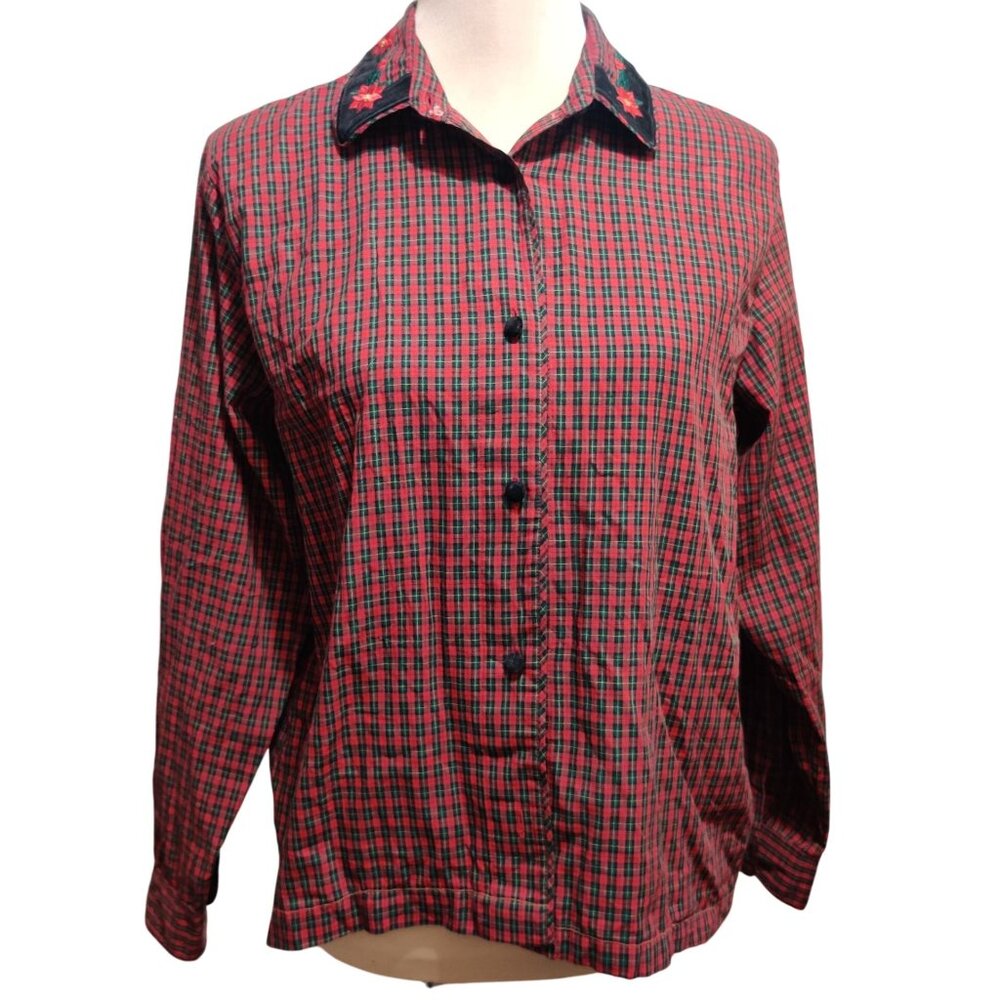 Vintage Karen Scott M Red Green Plaid Button Shirt Embroidered Velvet Collar